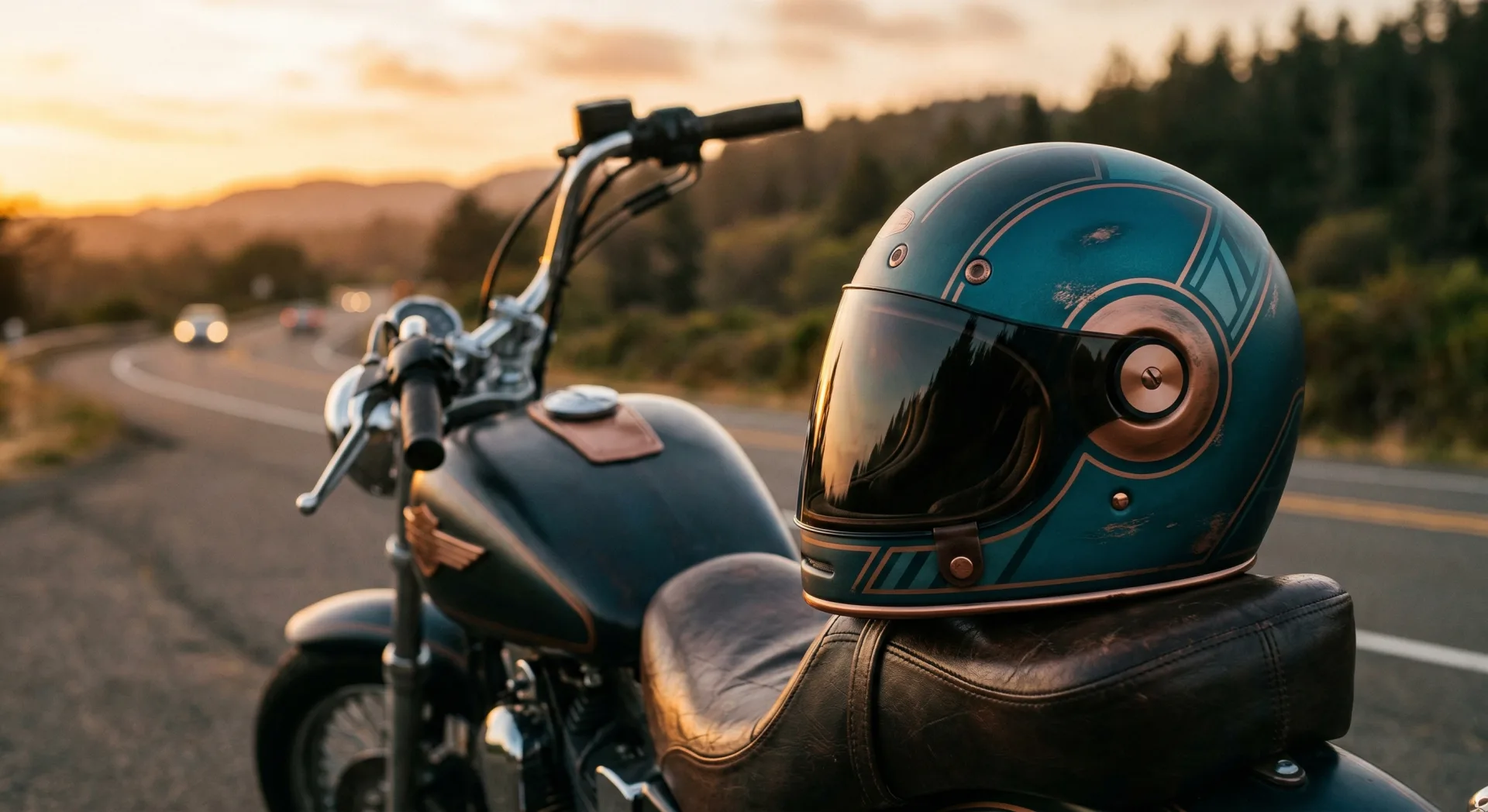 Motorcycle on a scenic road at dusk