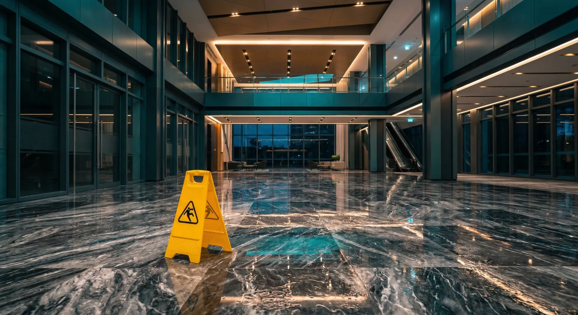 Wet floor caution sign in a commercial building