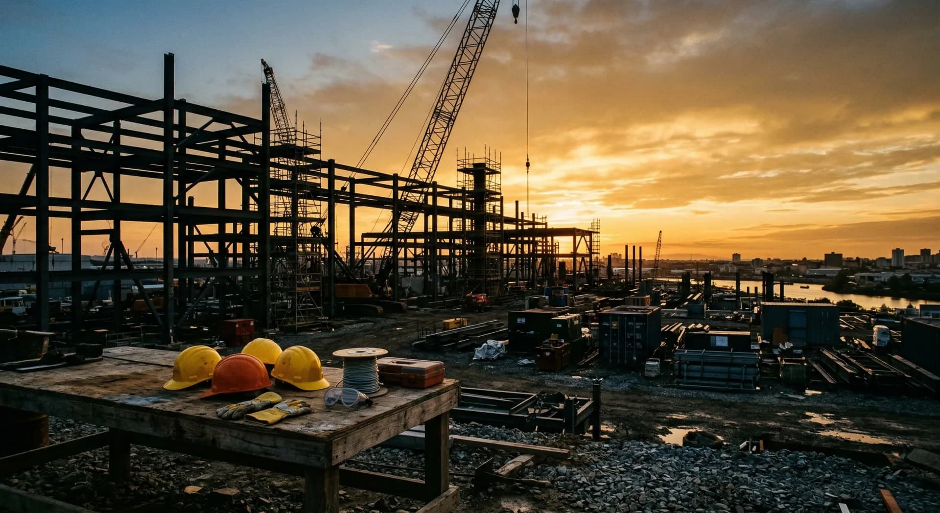 Construction workers on a job site with safety equipment