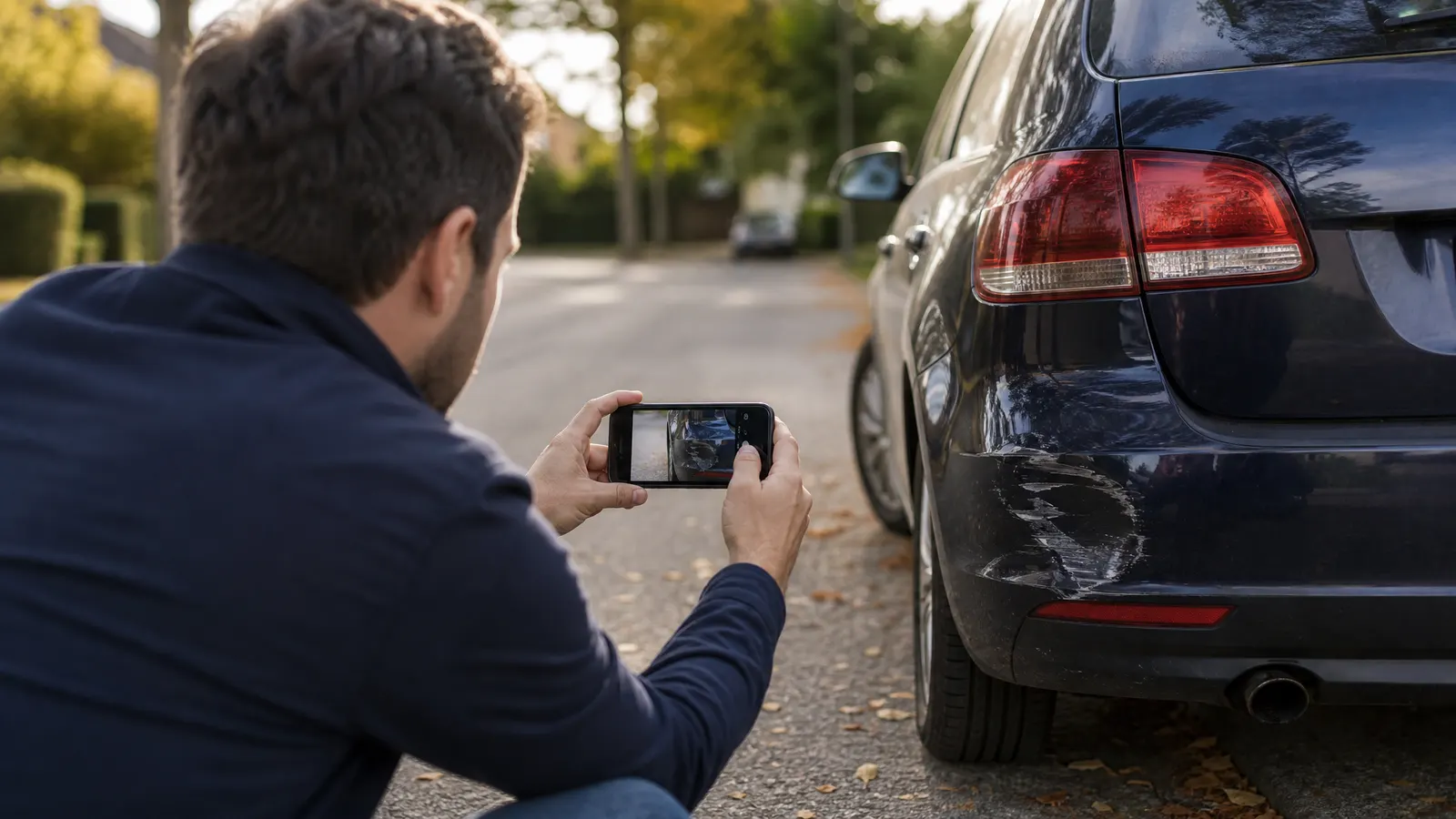 Person photographing minor bumper damage on their car with a smartphone